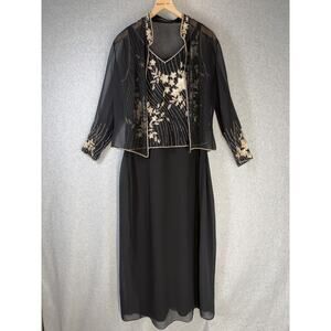 JKARA Women's Beaded Sequin Maxi Dress & Sheer Jacket Set Black Gold Size 8P